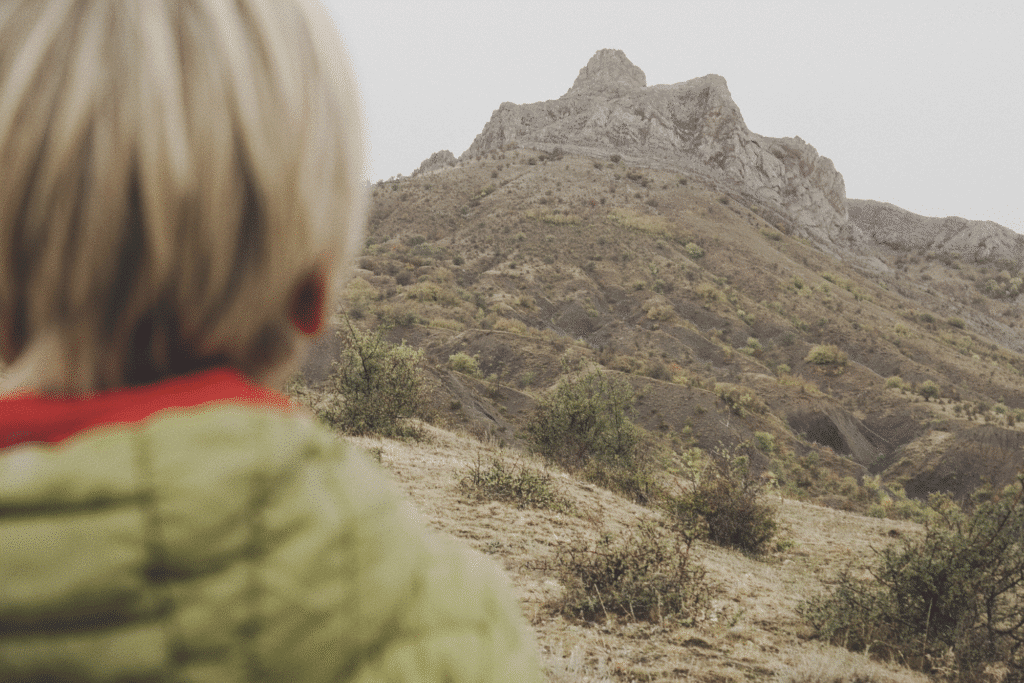 Illustration d'un enfant pensif face à une montagne