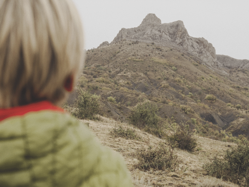 Illustration d'un enfant pensif face à une montagne